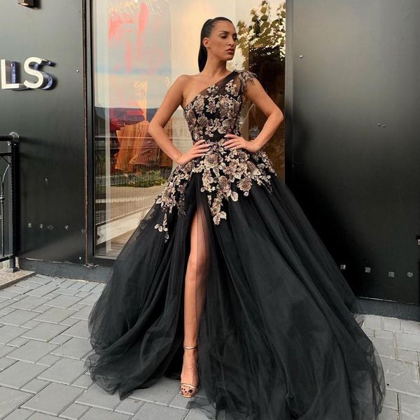 

black beaded side split evening dresses one shoulder flower appliqued prom gowns a line sweep train tulle plus size formal dress