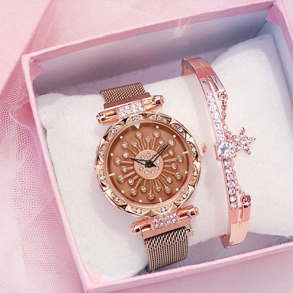 

women starry sky watch dial diamond watches casual quartz watch + bracelet ladies wristwatch female clock zegarek damski, Slivery;brown
