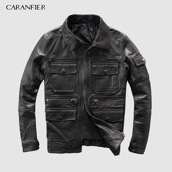 

caranfeir 2019 100% sheepskin mens genuine leather jacket new style clothes motor biker leather jackets s-5xl dhl ing, Black