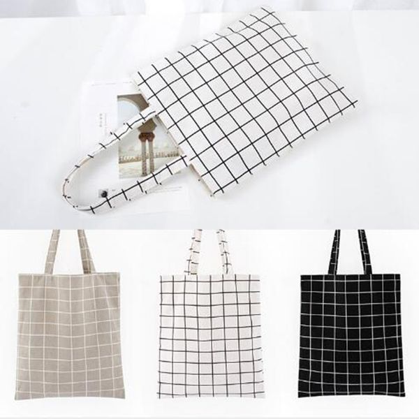 

fashion durable women student cotton linen single shoulder bag shopping tote check plaid female flax canvas shopping bags