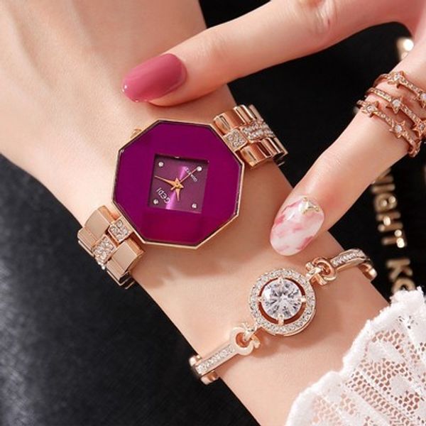 

new womens luxury designer watches rose gold stainless steel elegant diamond watch personality hexagon fashion ladies watch with bracelet, Slivery;brown