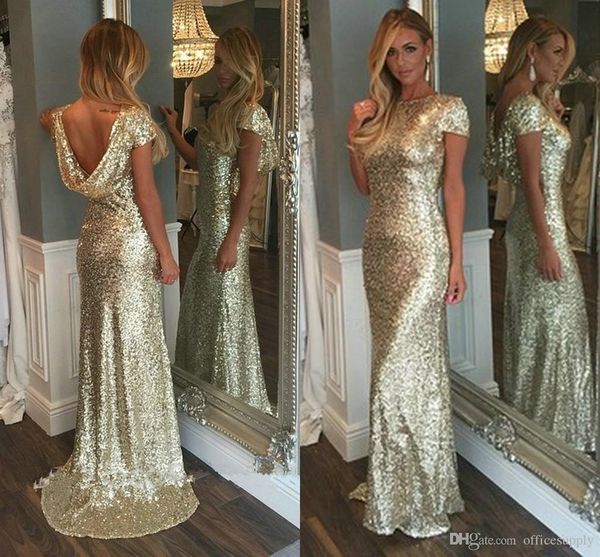 Şampanya Altın Sequins Uzun Gelinlik Modelleri Sparkly Kısa Kollu Backless Düğün Junior Parti Törenlerinde Onur Elbiseler Hizmetçi