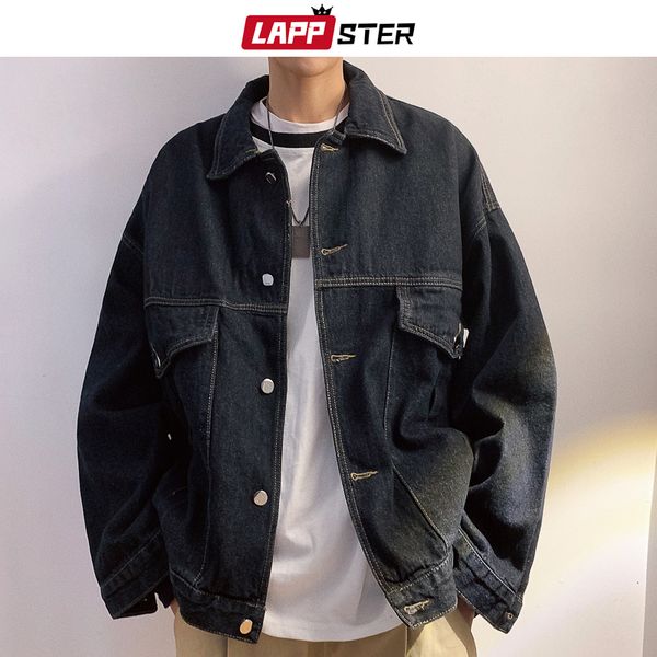 

men's jackets lappster men solid wash korean jeans jacket 2021 oversized japanese streetwear denim windbreaker mens hip hop clothing, Black;brown
