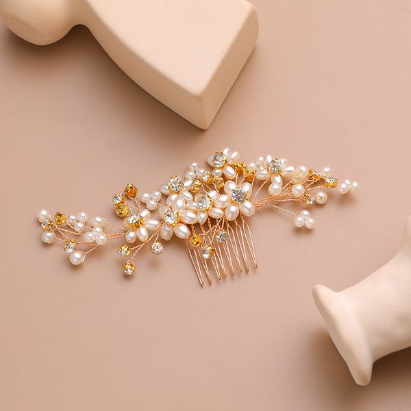

forseven 1 pcs golden wire handmade hair combs simulated pearls crystal hair jewelry ornaments for bridal bride wedding party, Golden;white