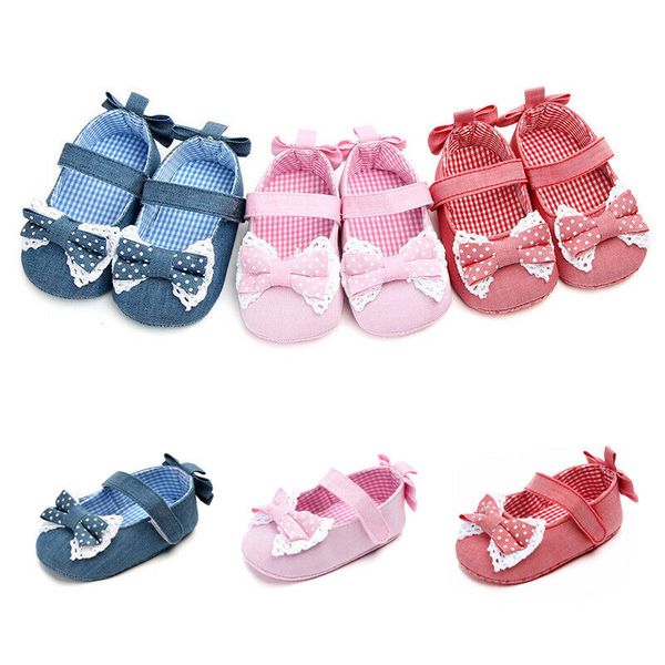 

2019 new stylish newborn baby girls blue pink red casual polka dot bowknot cute plaid casual shoes princess shoes one pairs, Black