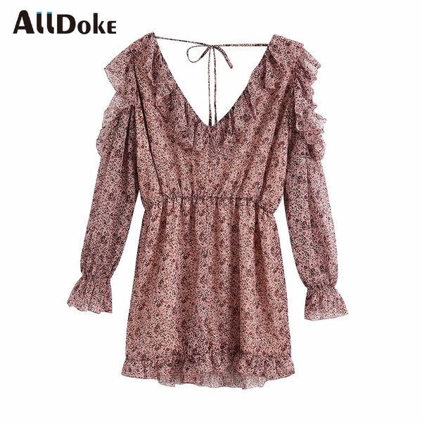 

alldoke vintage floral print short dress women summer high waist deep v neck boho style ruffles ladies dresses vestidos, Black;gray