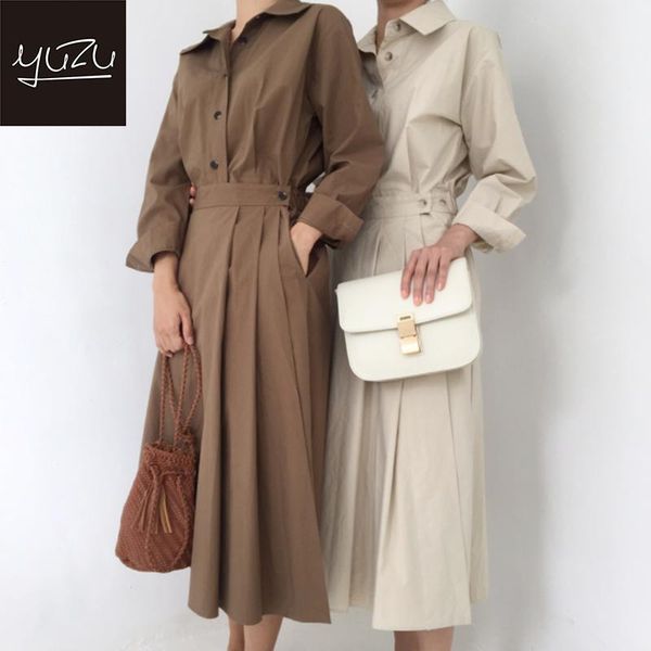 

vintage long shirt dress women spring draped pleated turn-down collar long sleeve elastic waist bandage dresses ruffle vestidos, Black;gray