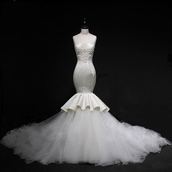 

Gorgeous Mermaid Wedding Dresses Strapless Appliques Ruffles Layered Tulle Beach Wedding Dress Long Back Lace Up Cheap Wedding Gowns