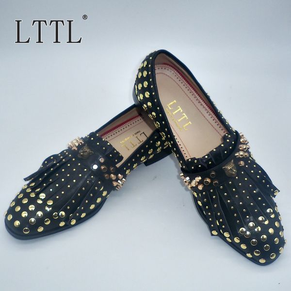 

lttl black genuine leather loafers rivets casual men shoes new fashion square toe tassels mocassin homme man smoking slippers