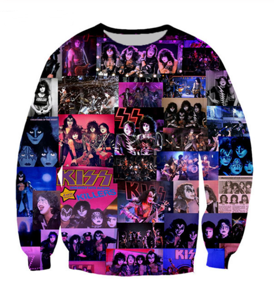

wholesale-fashion womens/mens rock band kiss funny 3d print casual sweatshirt qq044, Black