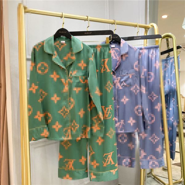 

20ss v letter home wear women's flower printing ice silk pajamas spring and summer lovers pajamas ins hot, Blue;gray