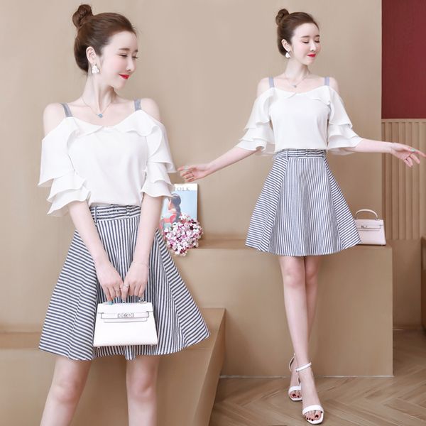 

chiffon skirt suits female two-piece dress brim reduction of age show thin little fashion show high light ripe summer wind, White