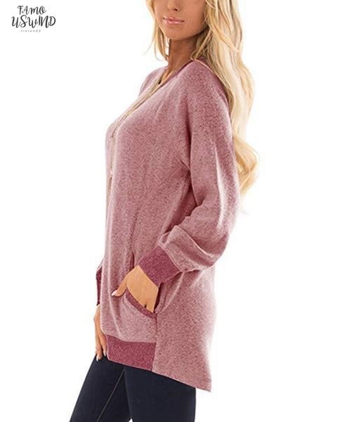 

autumn women causal solid pink loose sport t shirt long sleeve kitted pocket t shirts lady girls basic tee t shirts, White
