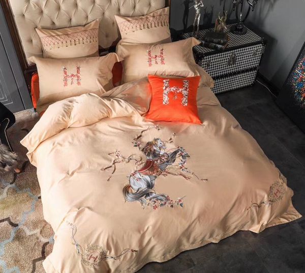 

60s cotton 5 pcs h letter embroidery horse orange  king size bedding set duvet cover bed sheet and pillowcases soft bedclothes
