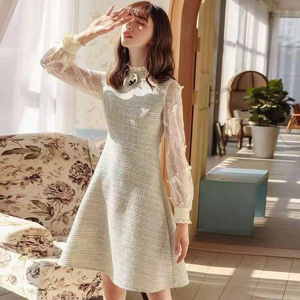 

женщин осень-зима твид платье роскошь дизайнер твиди платья империи a-линия платье платье офис леди кружева колокол рукав платья работы s-xl, Black;gray