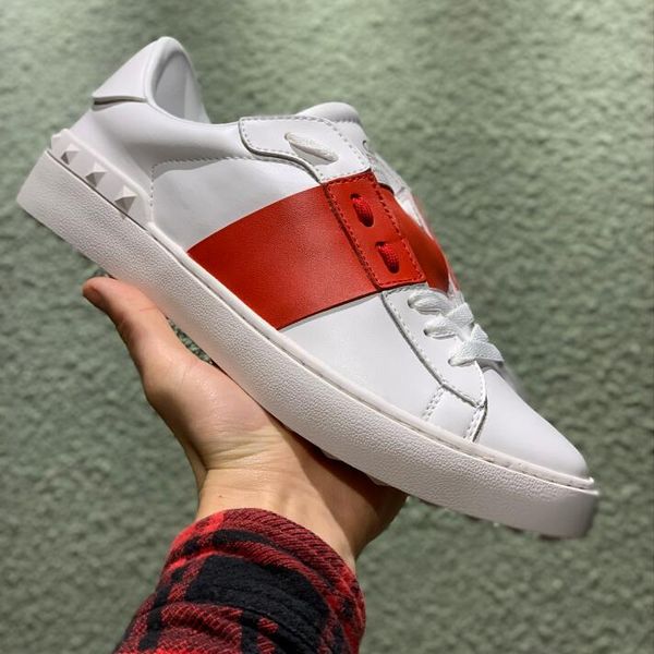 

2019 wholesale casual designer shoes men women redleather splice rivet classic fashion lovers white genuine leather sneakers for sale, Black
