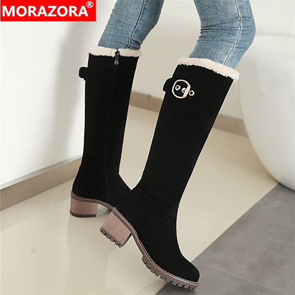

morazora 2020 big size 43 knee high boots women round toe zip keep warm snow boots square heels black winter shoes female