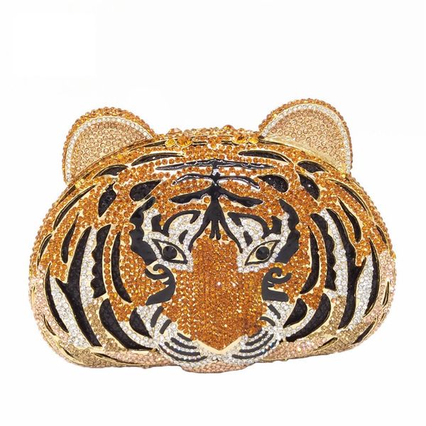 

animal full diamond evening bag tiger head clutch bag women diamante wedding purse crystal evening bags, Black