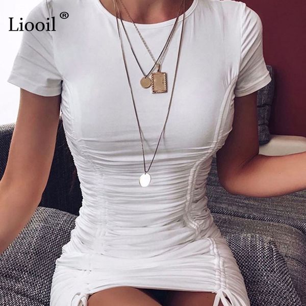 

liooil ruched bodycon mini dress 2020 short sleeve o neck black white bandage tight fitted dresses woman party night club, Black;gray