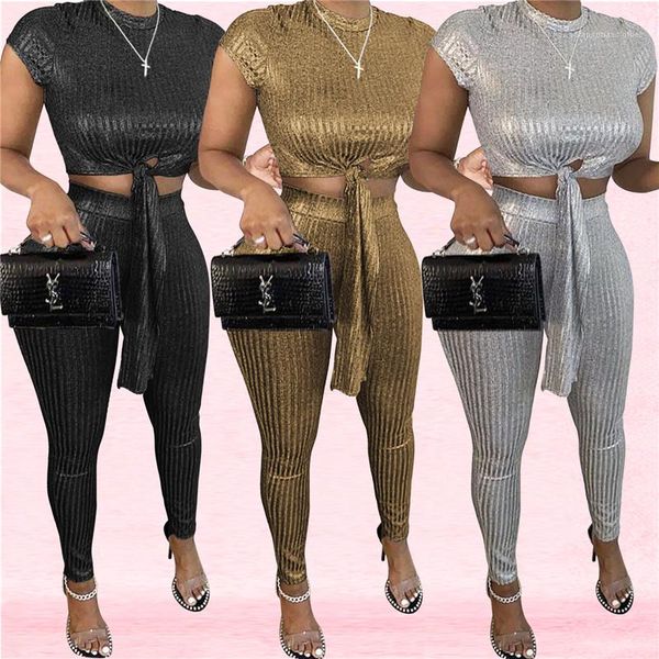 

casual sets short sleeve crew neck suits womens designer two piece pants fashion bow navel exposed, White