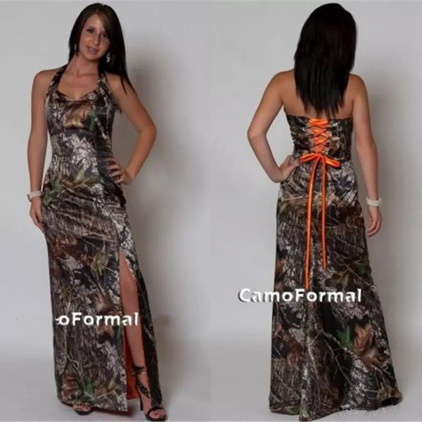 

plus size country prom dresses camo bridesmaid dresses split side lace-up back camouflage print long floor length, Black