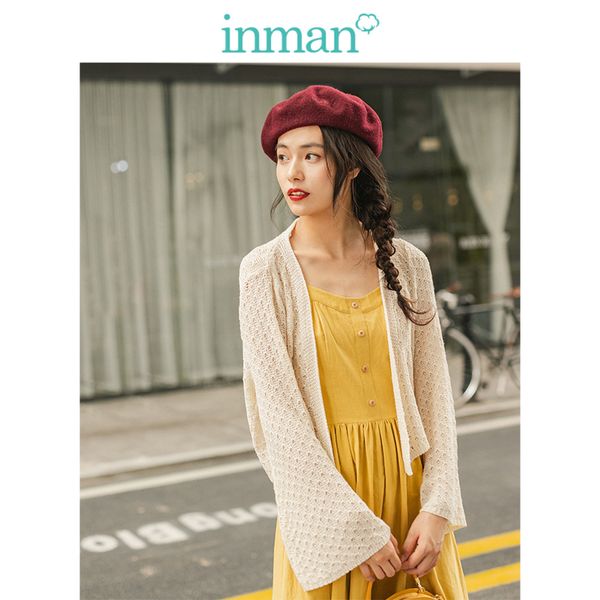 

inman 2019 autumn new arrival literary solid young girl minimalism all matched short lace women snit cardigan, White