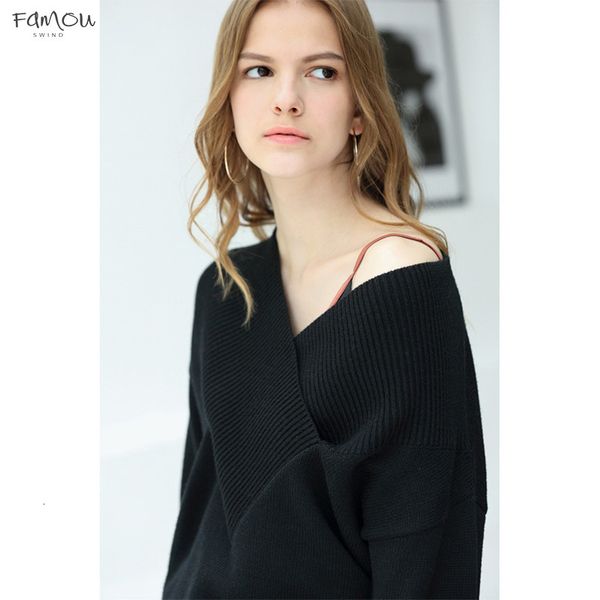 

Sexy V-Neck Sweaters Women Autumn Winter 2019 Office Solid Knit Loose Full Sleeve Thick Female Sweaters Jumpers