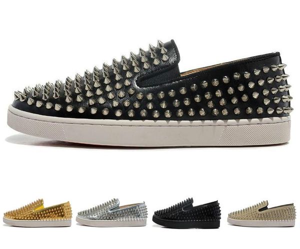 

quality luxury designer brand red bottoms men women studded spikes flats shoes wedding party lovers genuine leather casual sneakersl14, Black