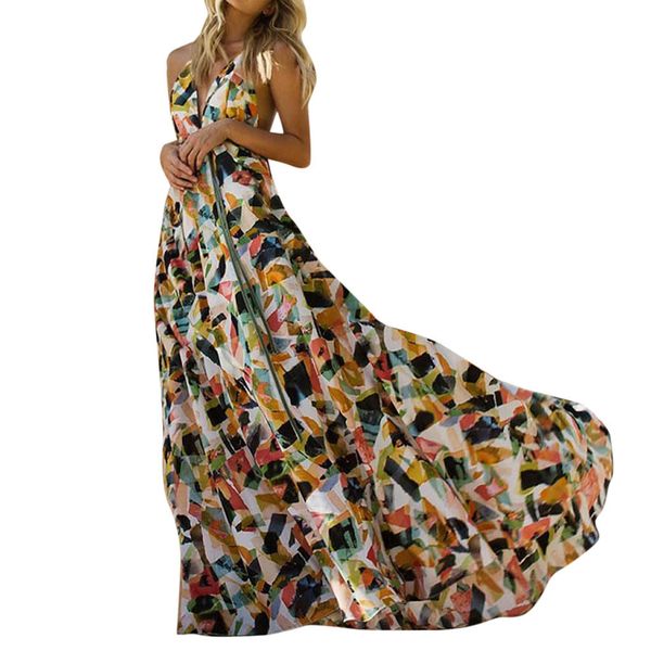 

Fabulous Women Dress Sexy Geometry Block Print Bandage Ladies Dresses Cold Should Sleeveless Long Dress Tunic Maxi vestido mujer