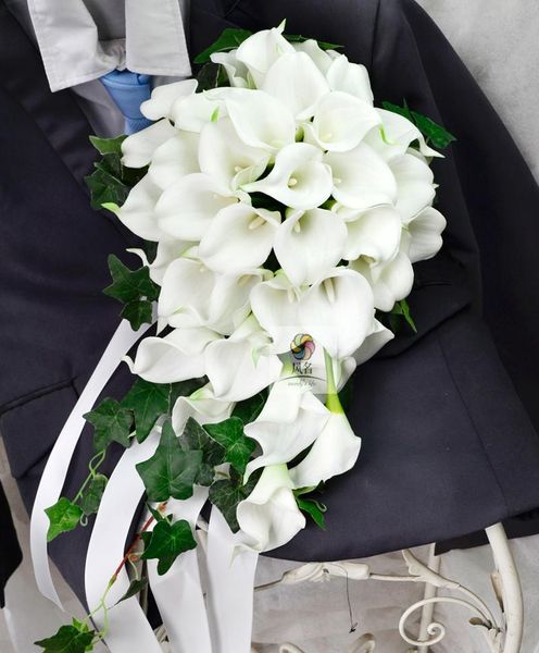 

waterfall style handmade wedding bouquets floral bridal bridemaids bouquet white pu calla lily artificial flowers holding flower