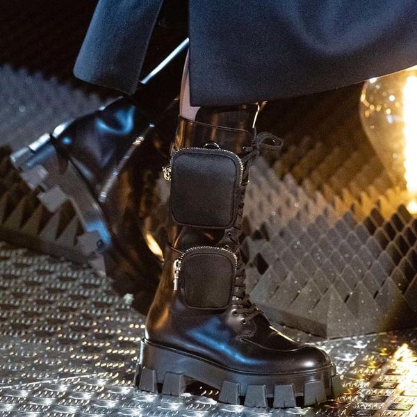 

trendy design genuine leather pocket motorcycle winter knight women chunky sole platform boots military shoes mx200508, Black