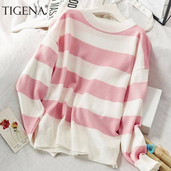 

tigena contrast color loose striped sweater women jumper 2019 fall winter korean kawaii cute pullover sweater female pink blue, White;black
