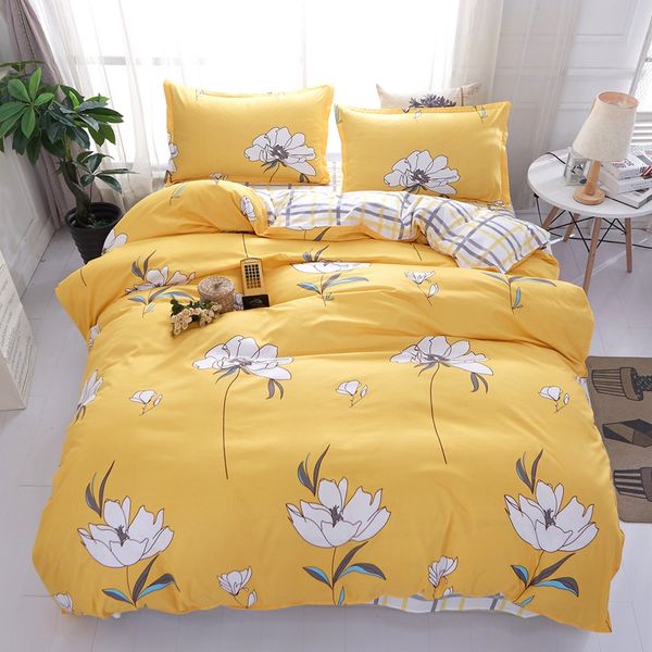 

yellow white flower bedding set gray plaid bed sheet cartoon duvet cover quilt cover full twin  king size popular