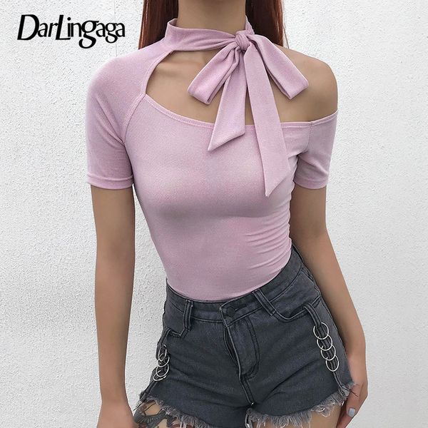 

darlingaga asymmetrical pink halter bodysuit women body fashion skinny summer jumpsuit lace up bow hollow out bodysuits top, Black;white