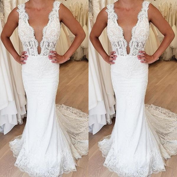 

bohemian lace v neck mermaid vestidos de novia sleeveless sweep train beach trumpet wedding dresses bridal gown, White