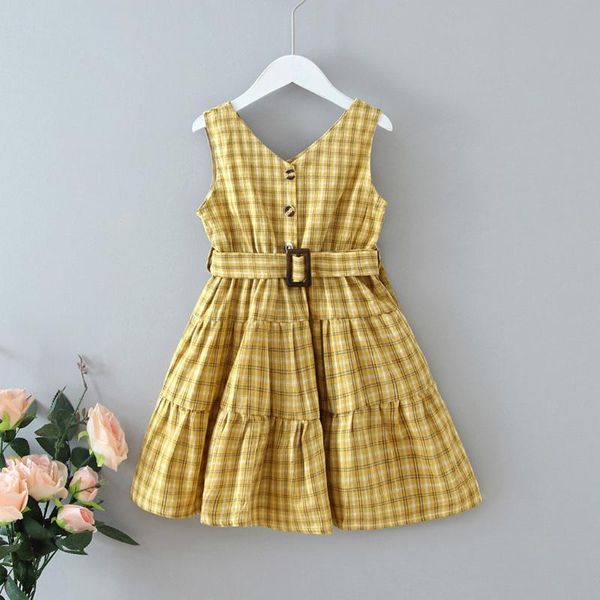 

fashion toddler kids girls casual dresses british plaid print vintage retro dress sleeveless v-neck button party dress with belt, Red;yellow