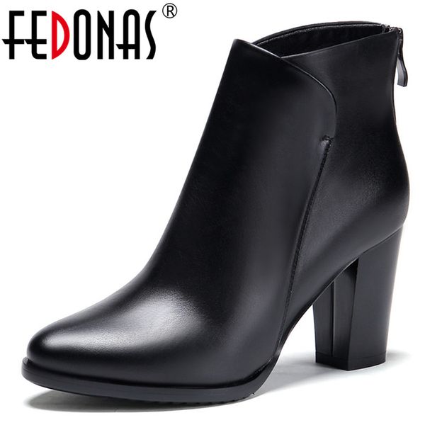 

fedonas quality genuine leather women ankle boots zipper platforms short boots elegant high heels winter party prom shoes woman, Black