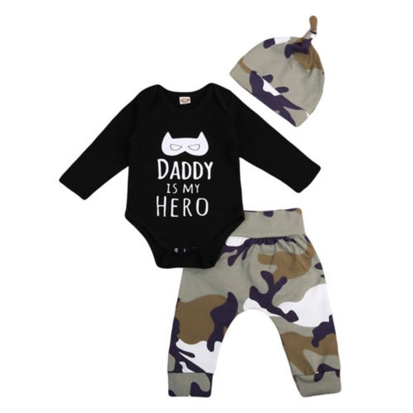 

newborn baby boys long sleeve romper jumpsuit + camouflage pants hat outfit set, White