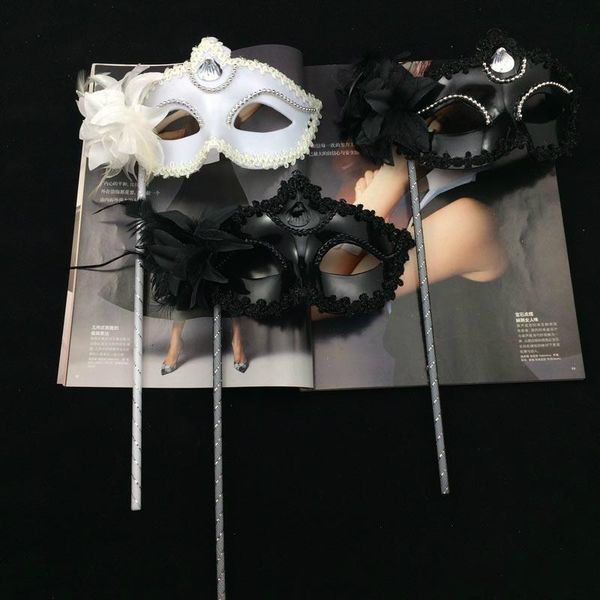 

black white party masks on stick eyeline masquerade mardi gras halloween masks beads eyeliner side flower masks