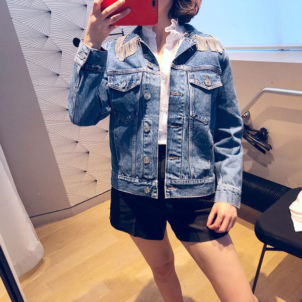 

2019 fall and winter new fashion diamond tassel collar women casual denim jacket, Black;brown