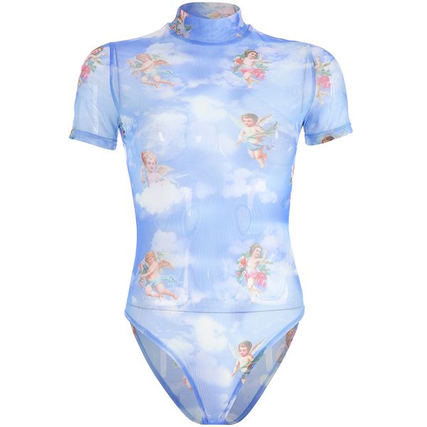 

weekeep women mesh short sleeve bodysuit turtleneck angel print feminino bodysuits 2019 summer streetwear body mujer, Black;white