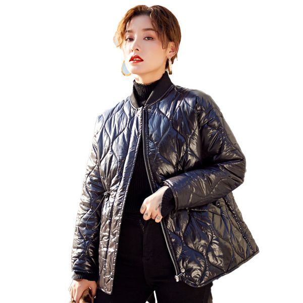 

2020 women's jacket autumn winter new commuter korean of the stand collar loose waist rhombus fashion mid-length cotton coat 16z, Black