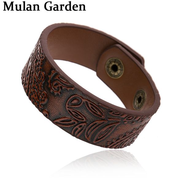 

m&g genuine leather bracelet for women retro carved flower vintage textured bangle buckle girl bracelets wholesale, Golden;silver