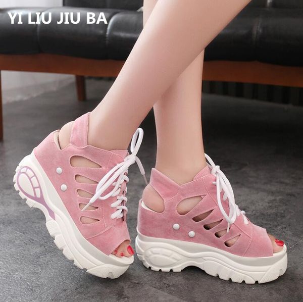 

2019 fashion woman wedge breathable sandals lace up thick bottom women sandals ladies summer casual shoes women **384, Black