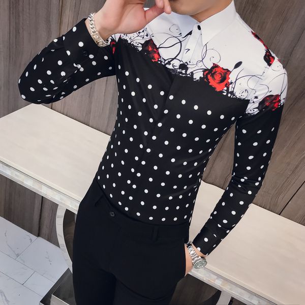 

mens shirt luxury social men club shirt rose dot printing splice long sleeve flower shirt men, White;black