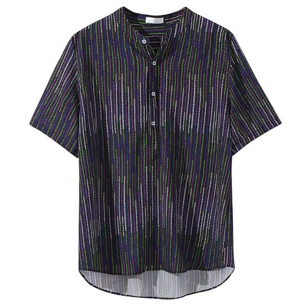 

2019 new style shirts mens ethnic printed stand collar colorful stripe short sleeve loose shirt camisa nova masculina, White;black