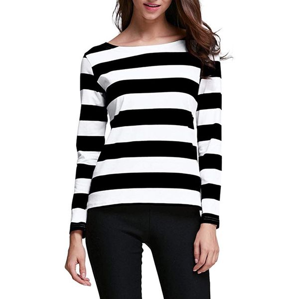 

мода полосатый футболка повседневная осень основные топы дамы о-образным вырезом туника тройник топы женские женщины с длинным рукавом blusa, White