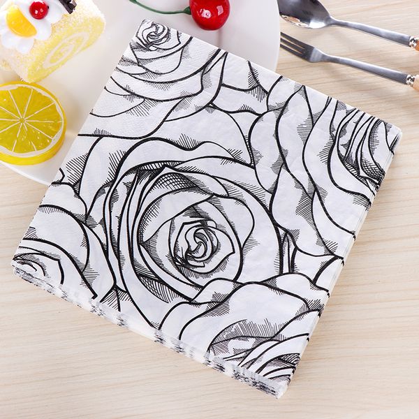 

vintage napkin paper tissue white black printed golden rose handkerchief decoupage wedding birthday party serviettes decor mat