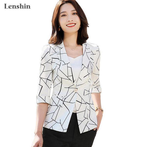 

lenshin geometric blazer plaid jacket for women summer wear casual style breathable coat half sleeve breathable outwear, White;black