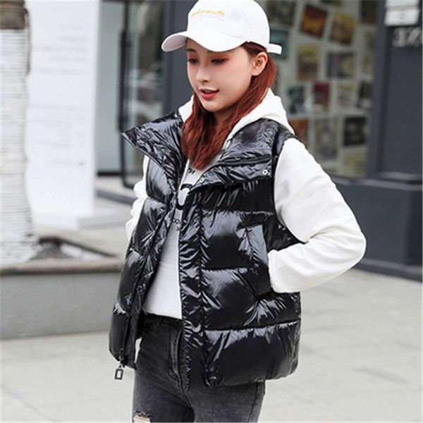 

winter women's vest new fashion pure black shiny jacket women 2019 warm down cotton sleeveless parkas ladies basic pz2579, Black;white